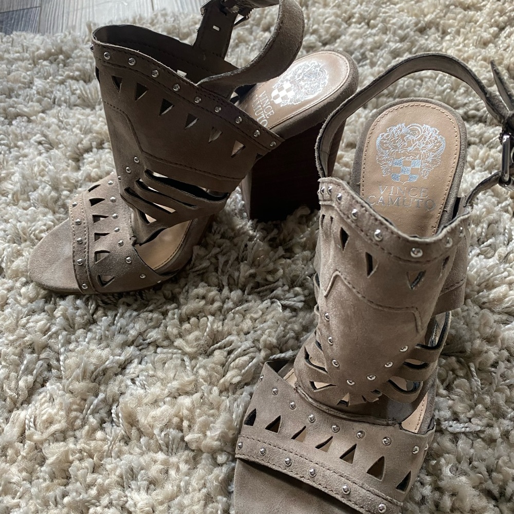 Vince Camuto Taupe Suede Cutout Stud Block Heel Sandals